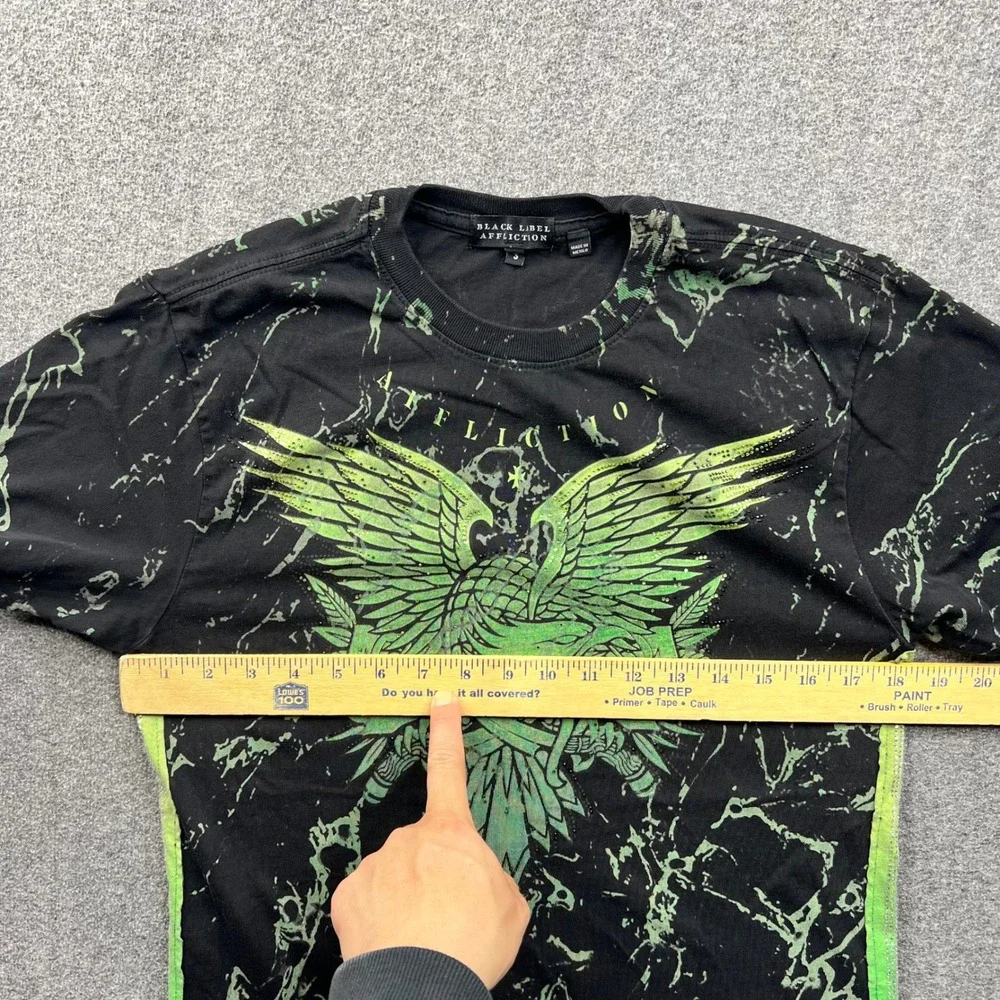 Affliction‎ T Shirt Mens Small Black Green Black Label Marble Winged Graphic Tee